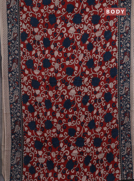 Kalamkari semi silk saree maroon and peacock blue with allover prints and printed border