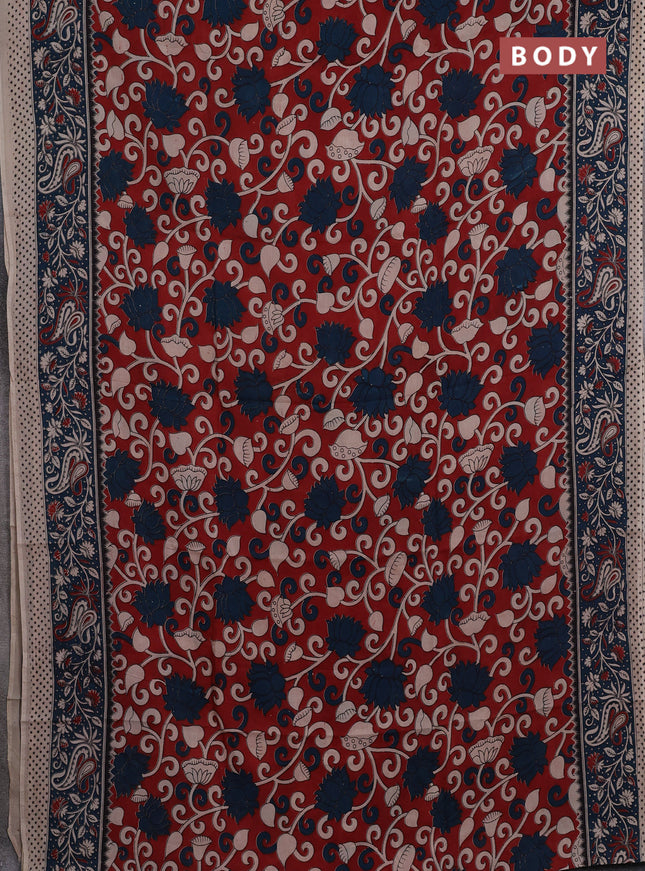 Kalamkari semi silk saree maroon and peacock blue with allover prints and printed border