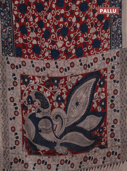 Kalamkari semi silk saree maroon and peacock blue with allover prints and printed border