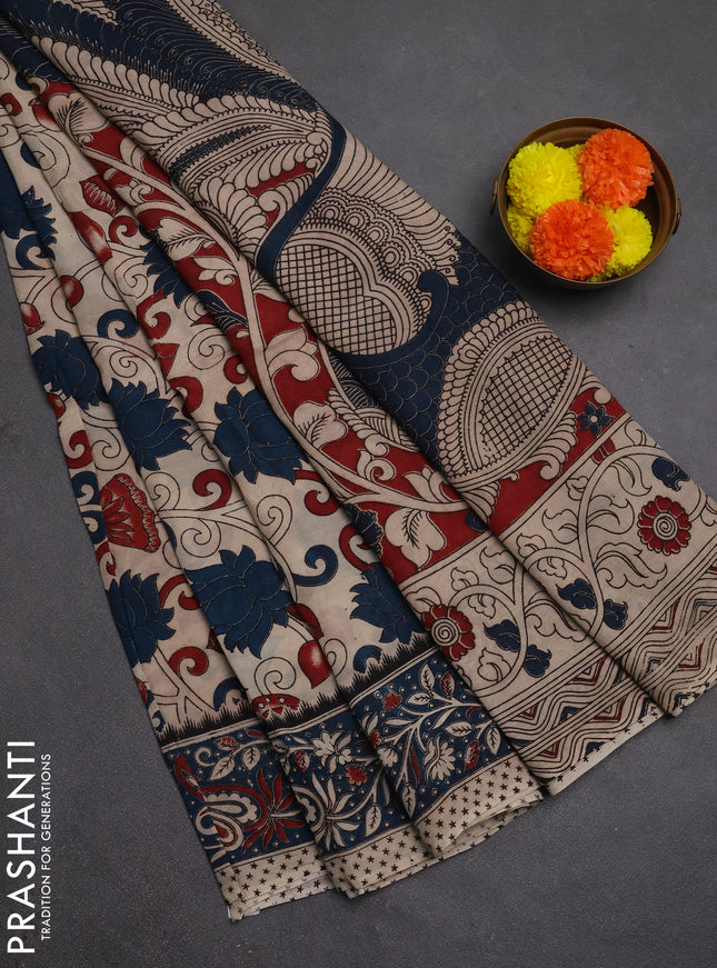 Kalamkari semi silk saree beige and peacock blue with allover prints and printed border