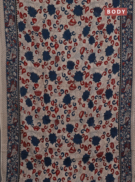 Kalamkari semi silk saree beige and peacock blue with allover prints and printed border