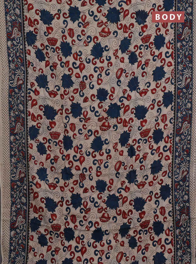 Kalamkari semi silk saree beige and peacock blue with allover prints and printed border