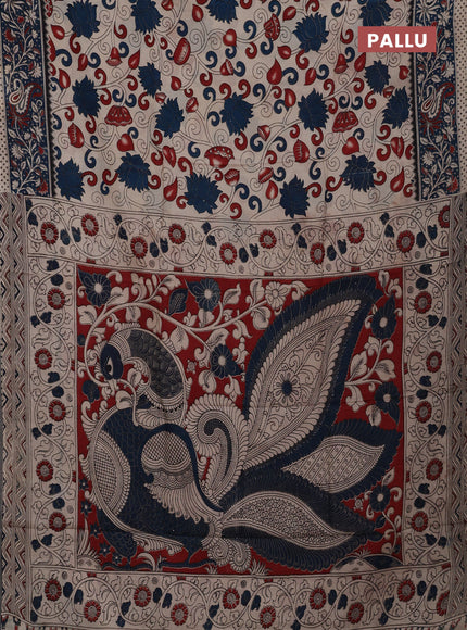Kalamkari semi silk saree beige and peacock blue with allover prints and printed border