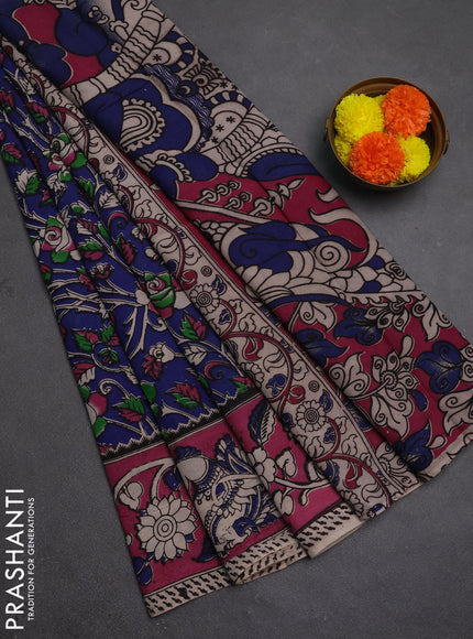 Kalamkari semi silk saree blue and pink with allover prints and printed border