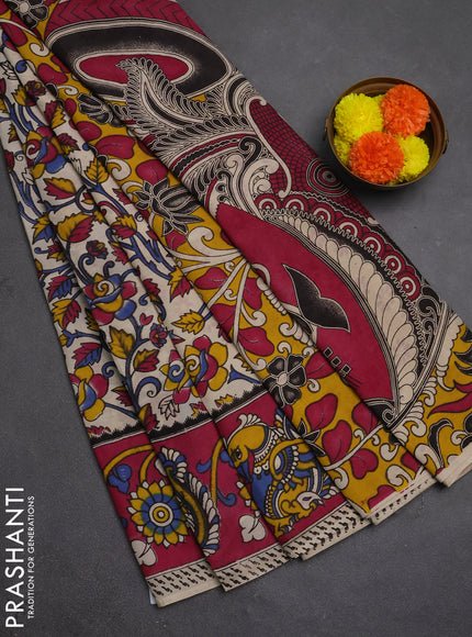 Kalamkari semi silk saree beige and magenta pink with allover prints and printed border