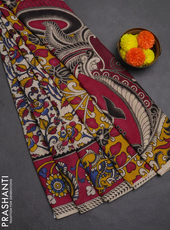 Kalamkari semi silk saree beige and magenta pink with allover prints and printed border