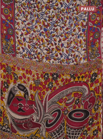 Kalamkari semi silk saree beige and magenta pink with allover prints and printed border