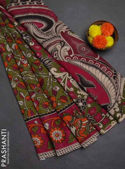 Kalamkari semi silk saree mehendi green and magenta pink with allover prints and printed border