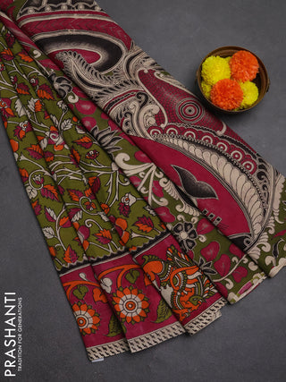 Kalamkari semi silk saree mehendi green and magenta pink with allover prints and printed border