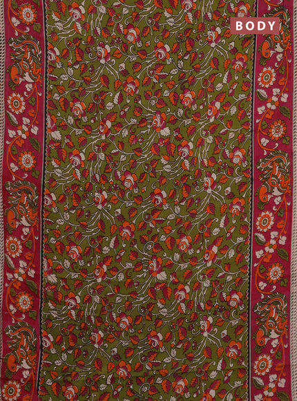 Kalamkari semi silk saree mehendi green and magenta pink with allover prints and printed border