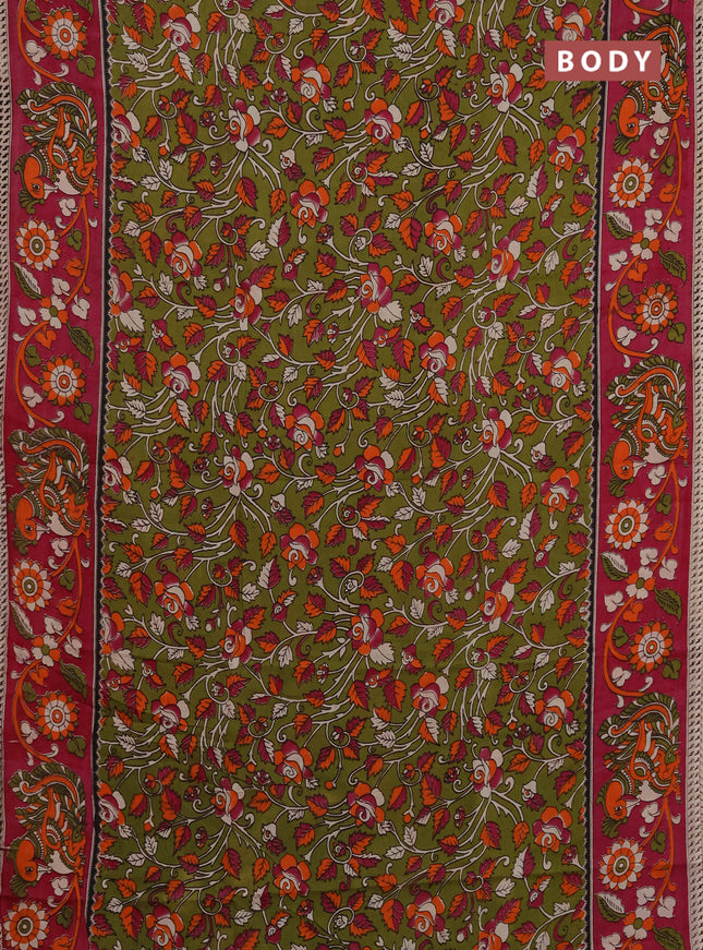 Kalamkari semi silk saree mehendi green and magenta pink with allover prints and printed border