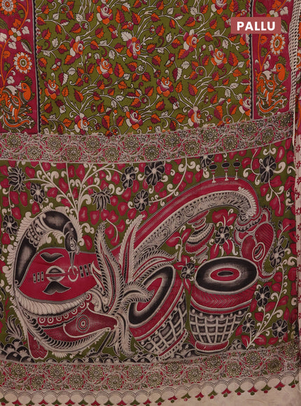 Kalamkari semi silk saree mehendi green and magenta pink with allover prints and printed border