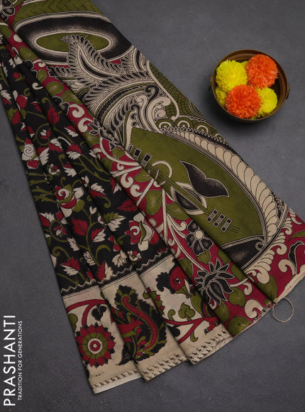 Kalamkari semi silk saree black and beige with allover prints and printed border