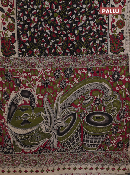 Kalamkari semi silk saree black and beige with allover prints and printed border