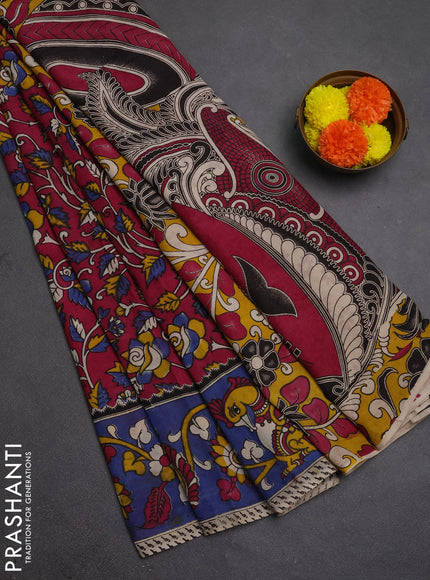 Kalamkari semi silk saree magenta pink and blue with allover prints and printed border