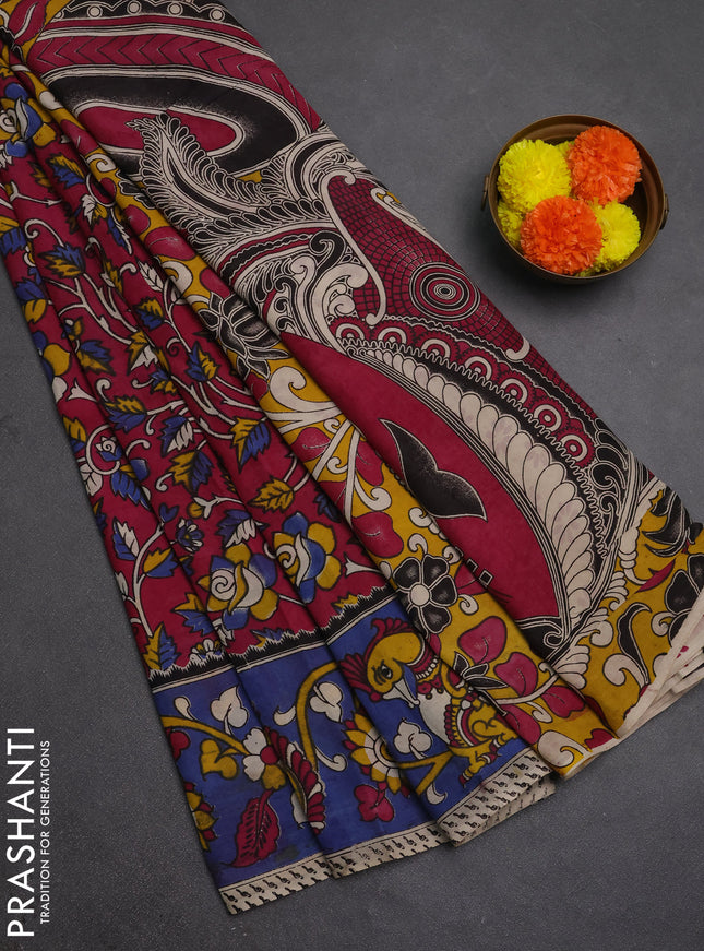 Kalamkari semi silk saree magenta pink and blue with allover prints and printed border