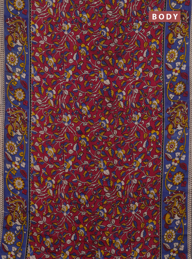 Kalamkari semi silk saree magenta pink and blue with allover prints and printed border