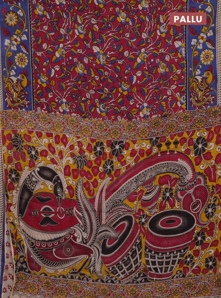 Kalamkari semi silk saree magenta pink and blue with allover prints and printed border
