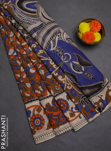 Kalamkari semi silk saree brown and beige with allover prints and printed border