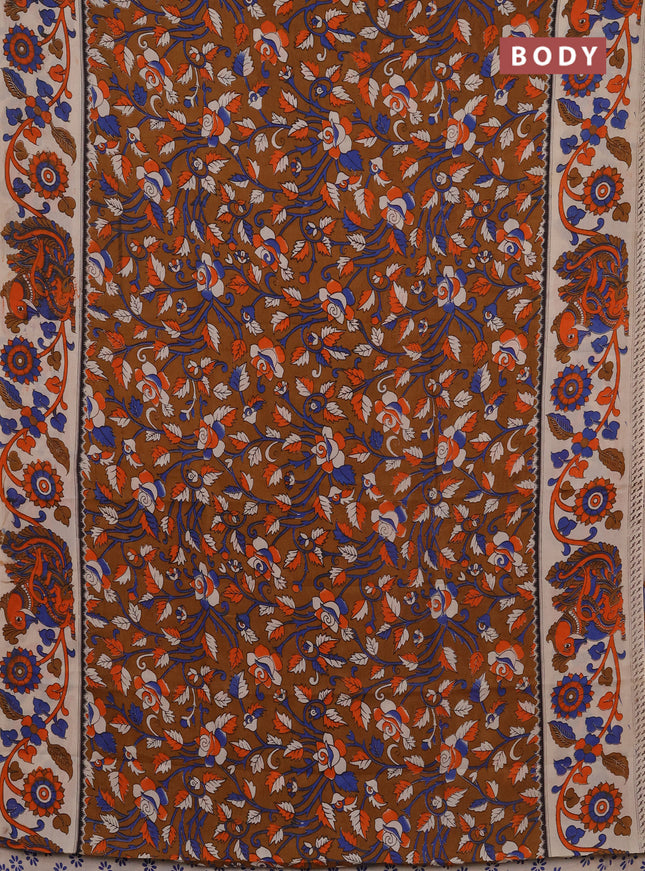 Kalamkari semi silk saree brown and beige with allover prints and printed border