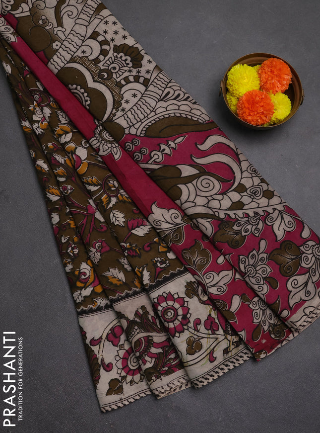 Kalamkari semi silk saree dark mehendi green and magenta pink with allover prints and printed border