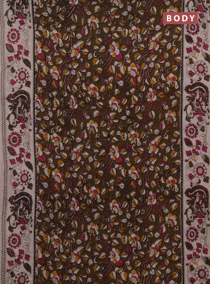 Kalamkari semi silk saree dark mehendi green and magenta pink with allover prints and printed border