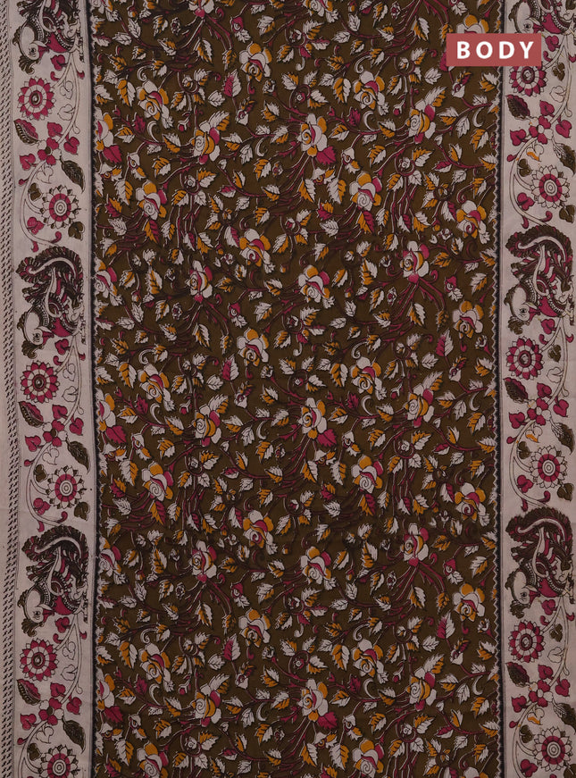 Kalamkari semi silk saree dark mehendi green and magenta pink with allover prints and printed border