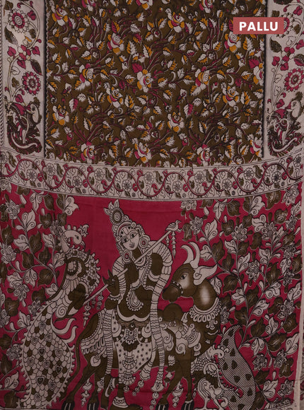 Kalamkari semi silk saree dark mehendi green and magenta pink with allover prints and printed border