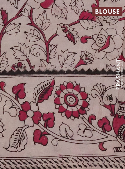 Kalamkari semi silk saree dark mehendi green and magenta pink with allover prints and printed border