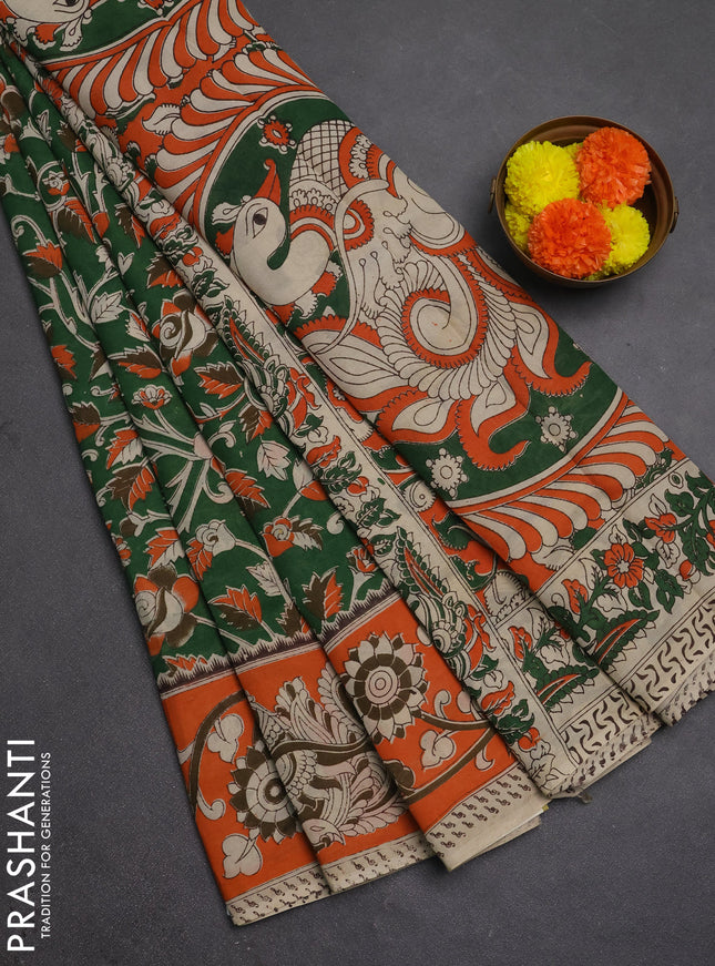Kalamkari semi silk saree green and orange with allover prints and printed border