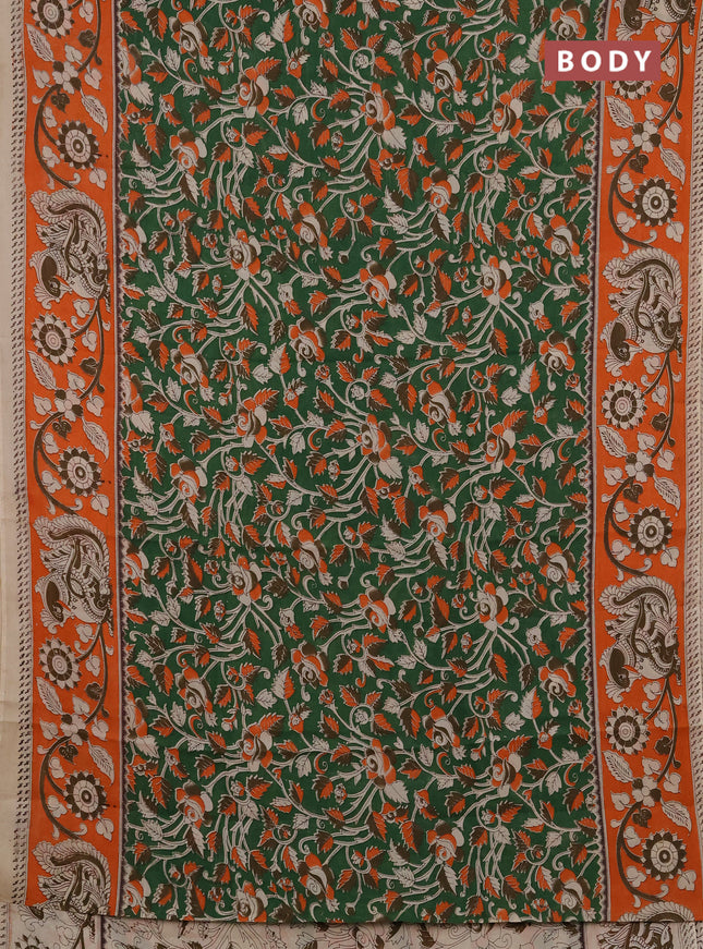 Kalamkari semi silk saree green and orange with allover prints and printed border