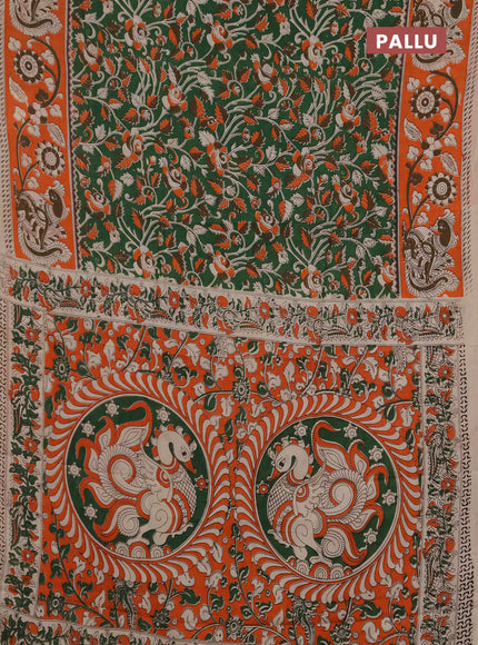 Kalamkari semi silk saree green and orange with allover prints and printed border