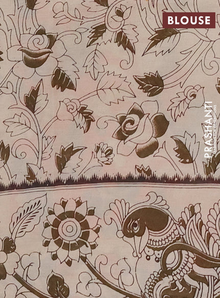 Kalamkari semi silk saree green and orange with allover prints and printed border