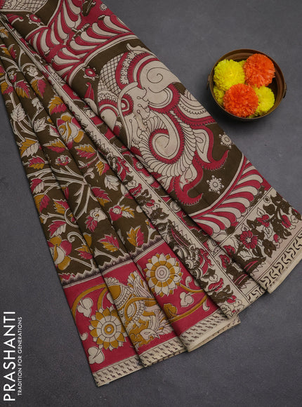 Kalamkari semi silk saree mehendi green and pink with allover prints and printed border