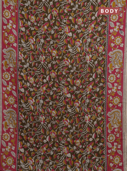 Kalamkari semi silk saree mehendi green and pink with allover prints and printed border