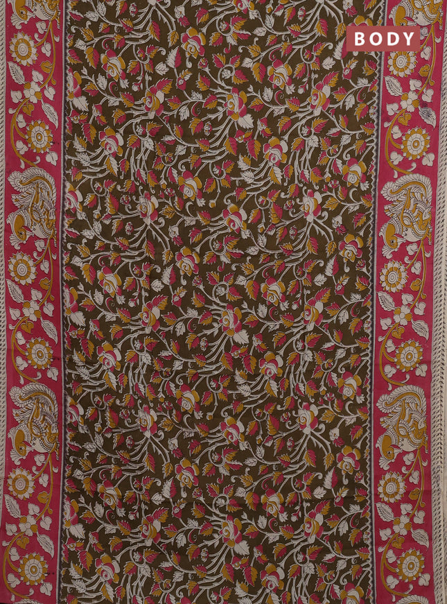 Kalamkari semi silk saree mehendi green and pink with allover prints and printed border