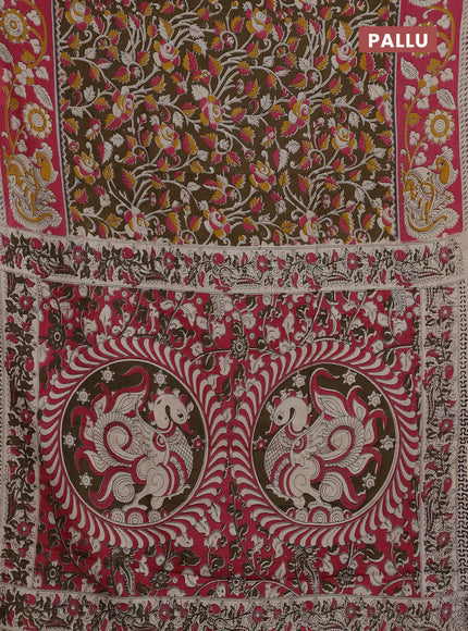 Kalamkari semi silk saree mehendi green and pink with allover prints and printed border