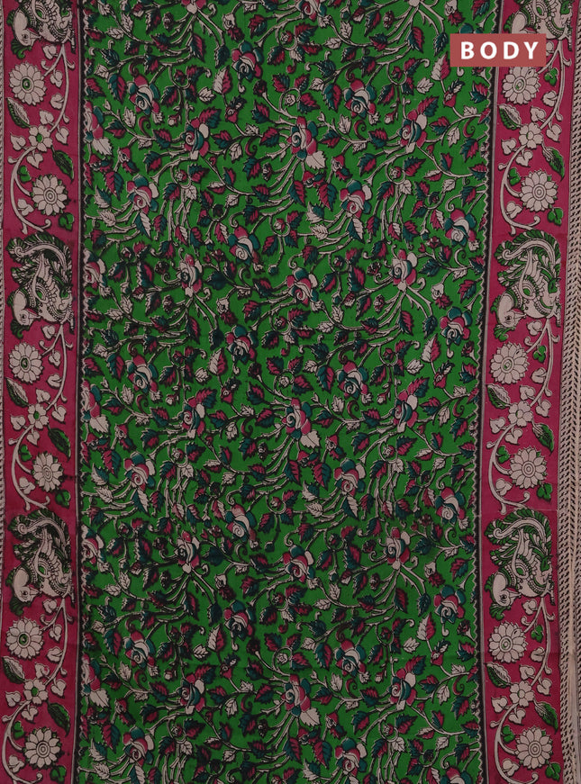 Kalamkari semi silk saree light green and pink with allover prints and printed border