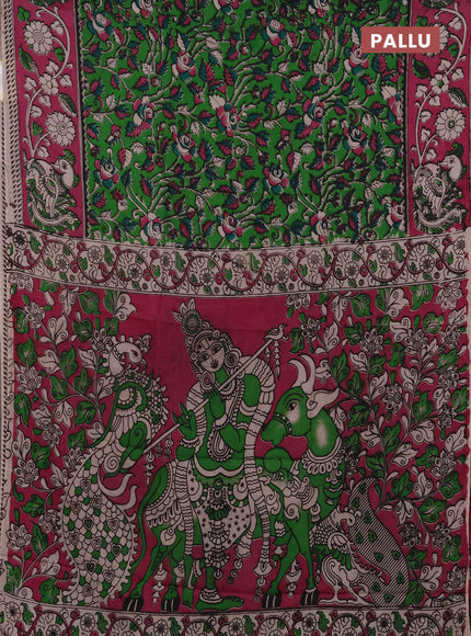 Kalamkari semi silk saree light green and pink with allover prints and printed border
