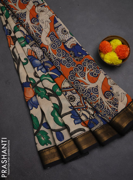 Kalamkari semi silk saree beige and black with allover prints and mangalgiri border