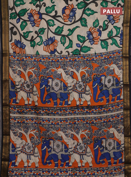Kalamkari semi silk saree beige and black with allover prints and mangalgiri border