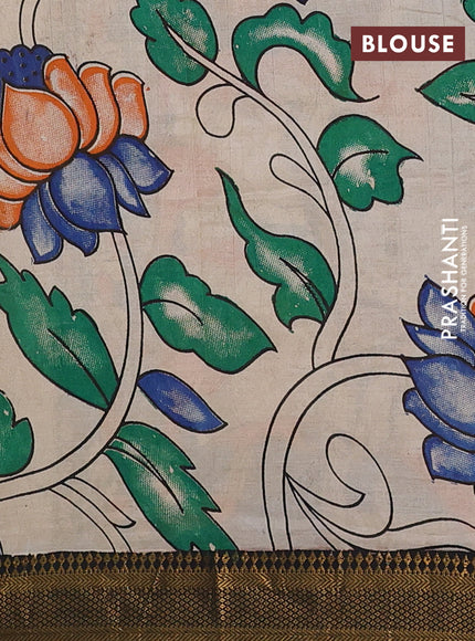 Kalamkari semi silk saree beige and black with allover prints and mangalgiri border