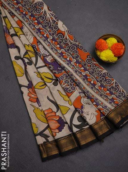 Kalamkari semi silk saree beige and black with allover prints and mangalgiri border