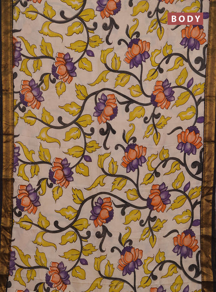 Kalamkari semi silk saree beige and black with allover prints and mangalgiri border