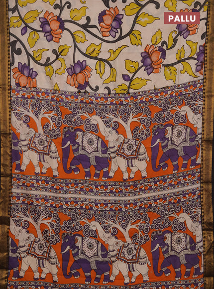 Kalamkari semi silk saree beige and black with allover prints and mangalgiri border