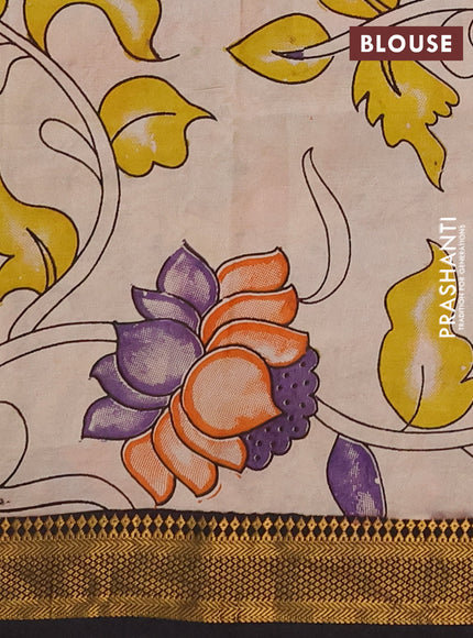 Kalamkari semi silk saree beige and black with allover prints and mangalgiri border