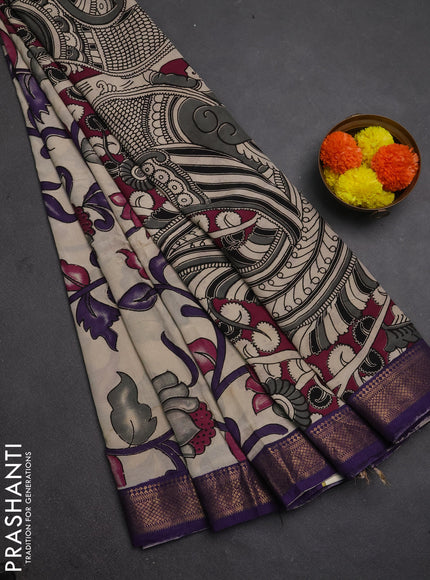 Kalamkari semi silk saree beige and violet with allover prints and mangalgiri border