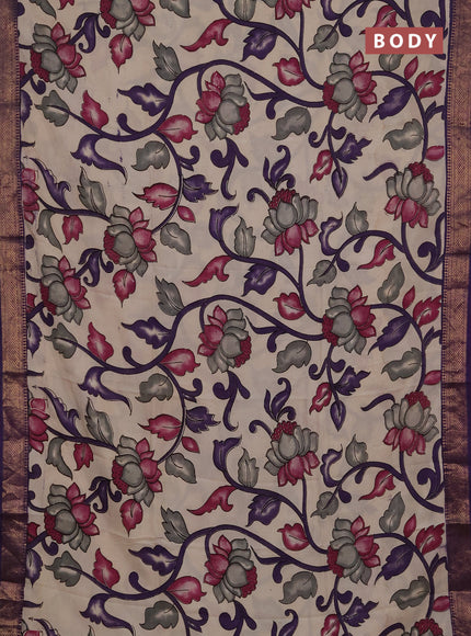 Kalamkari semi silk saree beige and violet with allover prints and mangalgiri border