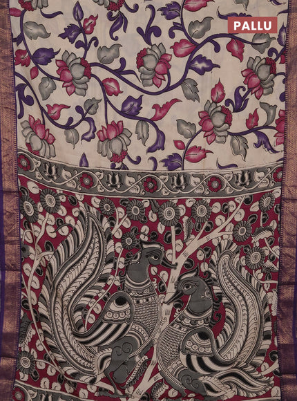 Kalamkari semi silk saree beige and violet with allover prints and mangalgiri border