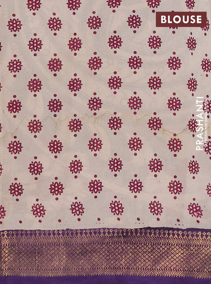 Kalamkari semi silk saree beige and violet with allover prints and mangalgiri border